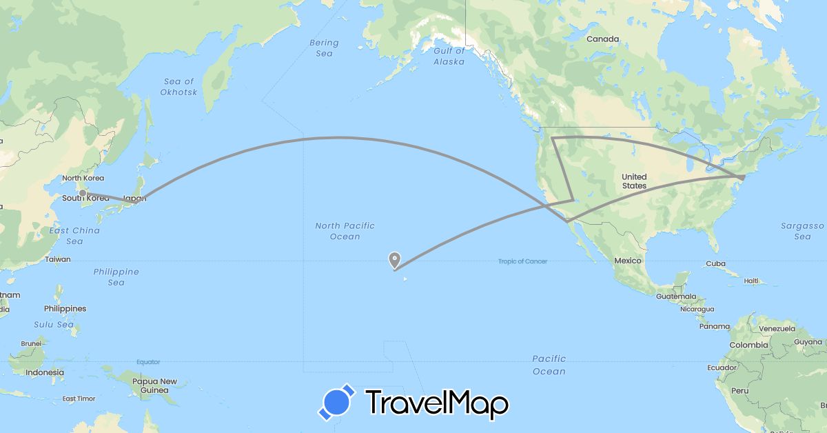 TravelMap itinerary: driving, plane in Japan, South Korea, Mexico, United States (Asia, North America)